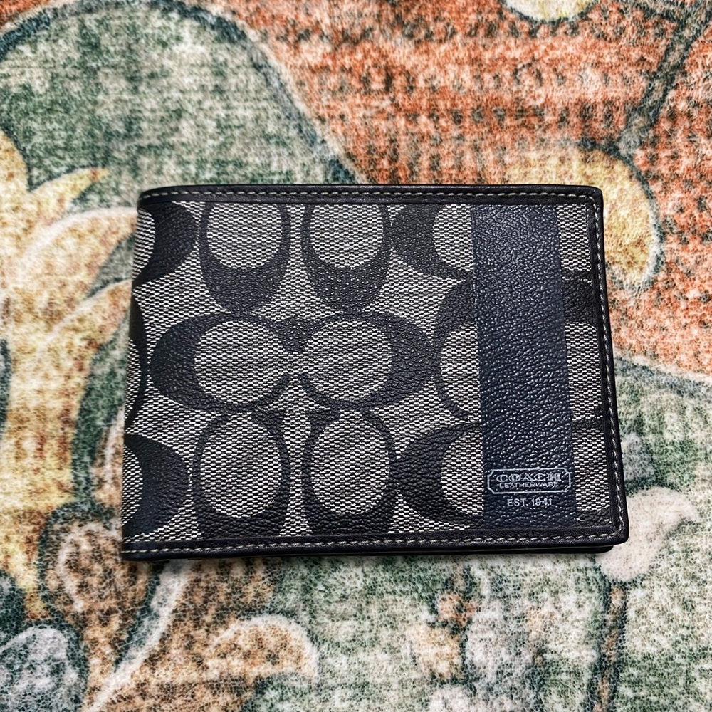 Coach Black and Gray Signature Compact Billfold Wallet